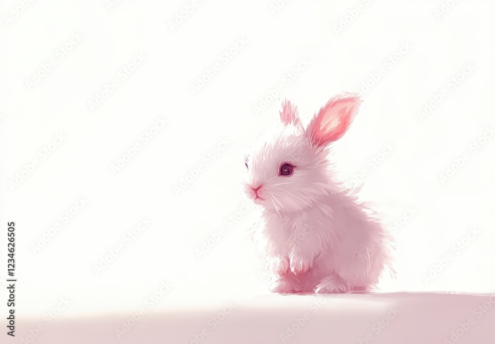 Obraz premium Adorable white bunny rabbit sitting on a soft pink surface, brightly lit against a white background. Soft, fluffy fur and delicate features