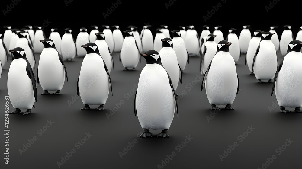 Obraz premium Penguin colony on dark Antarctic ground; teamwork, unity concept; ideal for business presentations