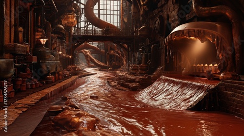 A magical chocolate factory filled with flowing rivers of rich, delicious chocolate.