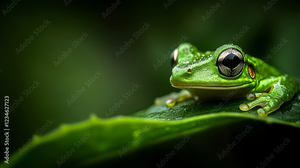 Vibrant Green Frog Perched on Dewy Leaf, Nature's Jewel Vibrant Green Frog Perched on Dewy Leaf, Nature's Jewel