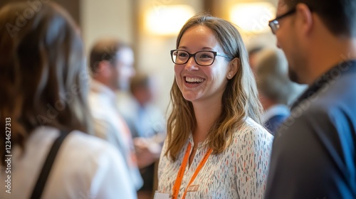 Business people, men and women, connect at a conference. They talk and laugh while getting to know each other during a daytime meeting.