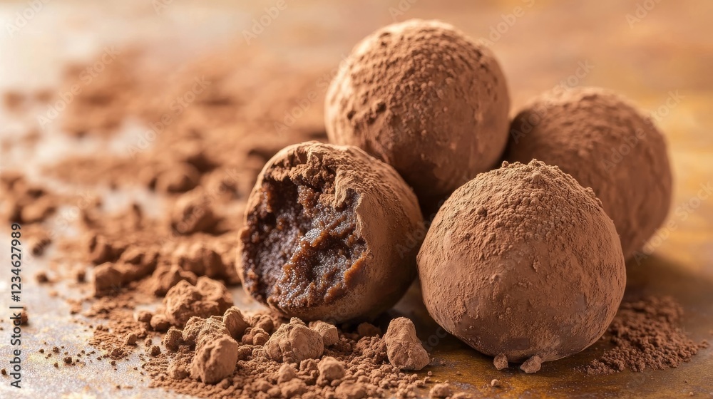 Chocolate truffles with cocoa powder, set on a brown background. Chocolate truffles with cocoa powder, set on a brown background.
