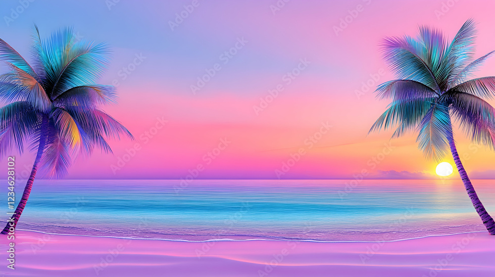 Obraz premium Pink sunset beach; palm trees; ocean; tranquil scene; idyllic vacation postcard