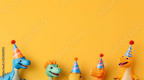 Fototapeta Naklejka Na Ścianę i Meble -  Playful dinosaurs party hats yellow background; kids birthday invitation