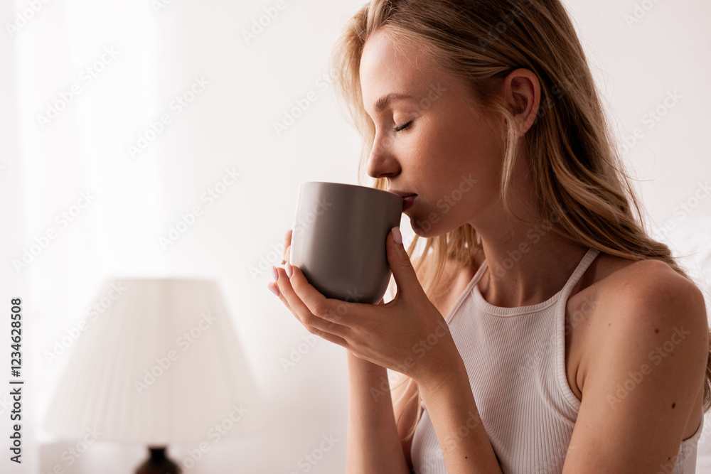 Beautiful girl with long blonde hair drinking morning coffee or tea in her bedroom enjoying rest at home, close-up, side view. Beautiful girl with long blonde hair drinking morning coffee or tea in her bedroom enjoying rest at home, close-up, side view.
