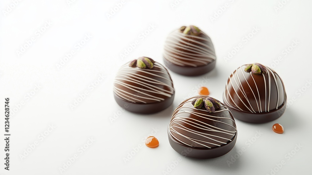 Delectable chocolates with line patterns filled with rich pistachio and caramel sauce, captured in a lifelike 3D illustration against a pristine white backdrop. Delectable chocolates with line patterns filled with rich pistachio and caramel sauce, captured in a lifelike 3D illustration against a pristine white backdrop.