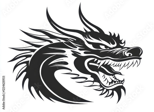 Wallpaper Mural Black and white illustration of a dragon's head, detailed with sharp lines and intricate patterns. The dragon is depicted in profile, with an open Torontodigital.ca