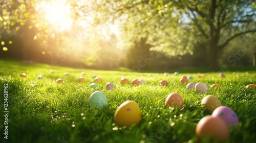 Easter background featuring a colorful egg hunt in a lush green field with bright spring sunlight filtering through the trees.