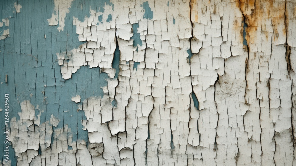 Obraz premium Detailed Close-Up of Peeling Paint on a Wooden Surface Revealing Layers of Texture and Color Contrast, Perfect for Artistic or Design Applications
