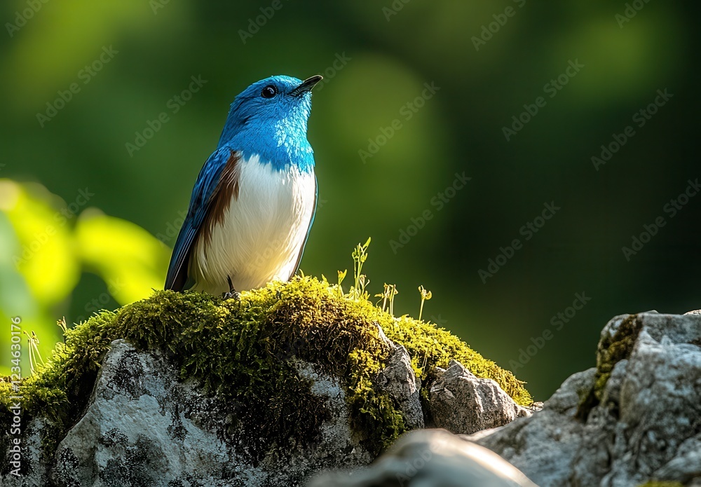 Vibrant blue bird perched on mossy rock, bathed in sunlight. Soft green bokeh background. Detailed close up showcasing the bird's plumage and the Vibrant blue bird perched on mossy rock, bathed in sunlight. Soft green bokeh background. Detailed close up showcasing the bird's plumage and the