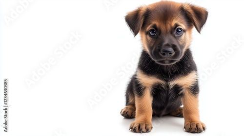 A small brown and black puppy sits attentively on a white background, its curious eyes gazing directly at the camera, capturing an adorable and innocent moment. photo