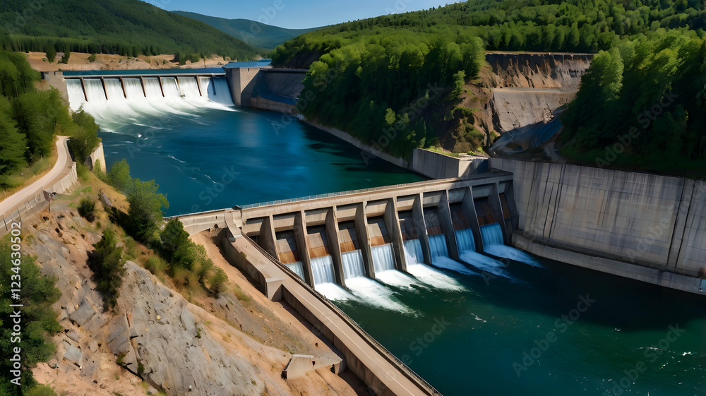 Hydroelectric dam in the mountains with water flowing into a lake, surrounded by a bridge, reservoir, and a scenic landscape Hydroelectric dam in the mountains with water flowing into a lake, surrounded by a bridge, reservoir, and a scenic landscape