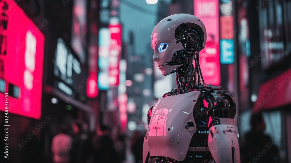 Obraz premium Futuristic robot stands in neon-lit cityscape at night