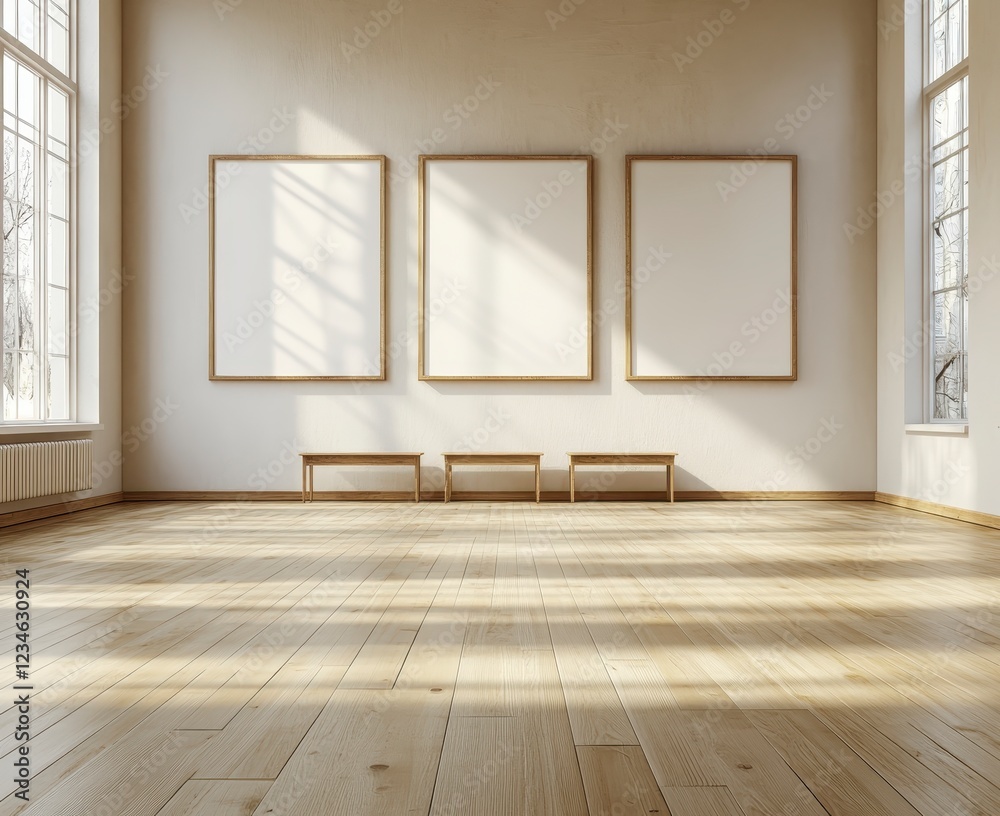 Empty gallery interior with three blank canvases on a wall, wooden benches, and sunlight streaming through large windows onto light wooden floor Empty gallery interior with three blank canvases on a wall, wooden benches, and sunlight streaming through large windows onto light wooden floor
