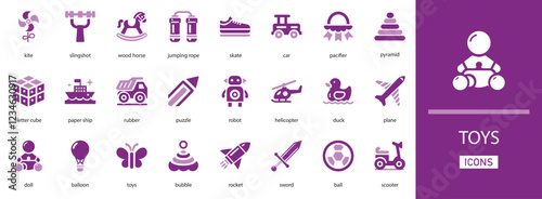 Toys vector icon set. with plane, bubble, toys,  helicopter, teddy bear, sword and more filled icons