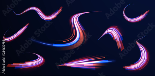 Creative vector illustration of flying cosmic meteor, planetoid, comet, fireball isolated on transparent background. Effect, png, wave,neon,line. Light arc in neon colors, in the form of a turn. 