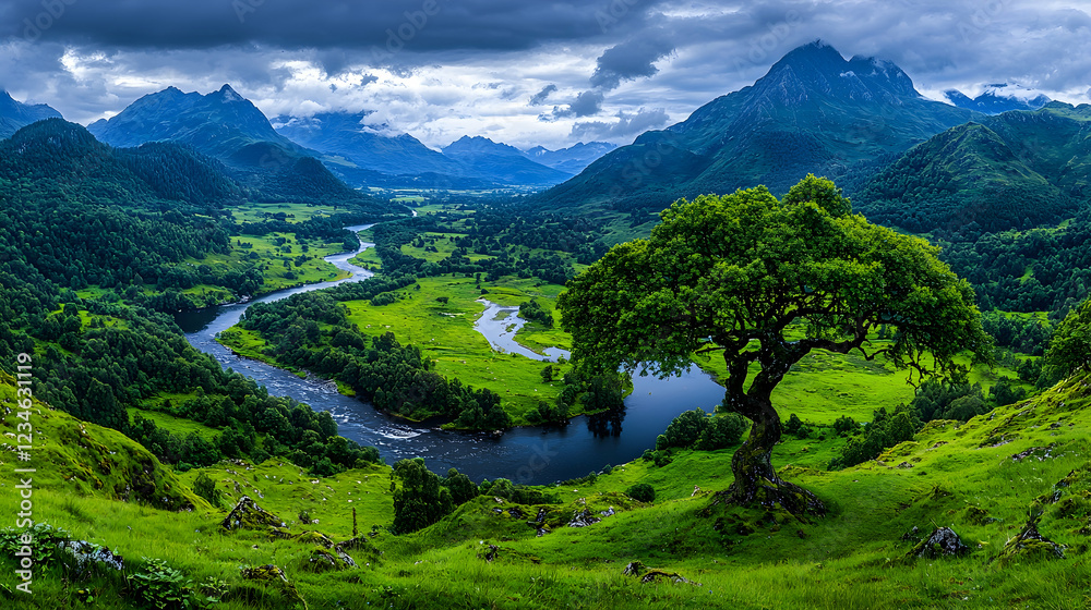 Fototapeta premium Panoramic view of a valley river, mountains, and lone tree