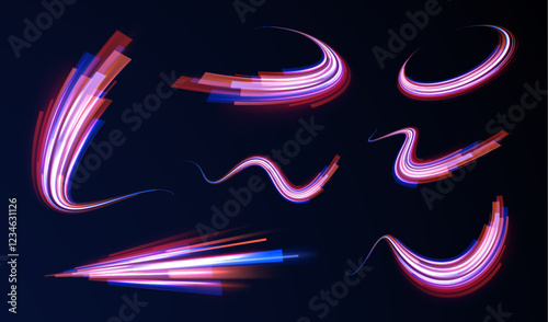 Creative vector illustration of flying cosmic meteor, planetoid, comet, fireball isolated on transparent background. Effect, png, wave,neon,line. Light arc in neon colors, in the form of a turn. 