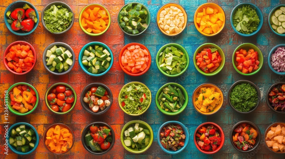 Overhead view of colorful salads with fresh veggies, displayed in vibrant bowls on a textured backdrop. Overhead view of colorful salads with fresh veggies, displayed in vibrant bowls on a textured backdrop.