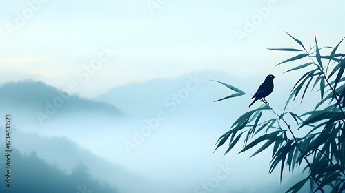 Serene bird perched on bamboo, misty mountain backdrop, peaceful landscape, ideal for meditation or nature themes