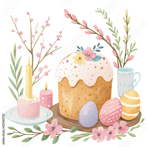 Easter picture of kulich, candles, eggs and willow tree