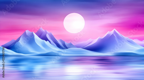 Serene moonlit mountainscape reflecting on calm water, ideal for peaceful backgrounds photo