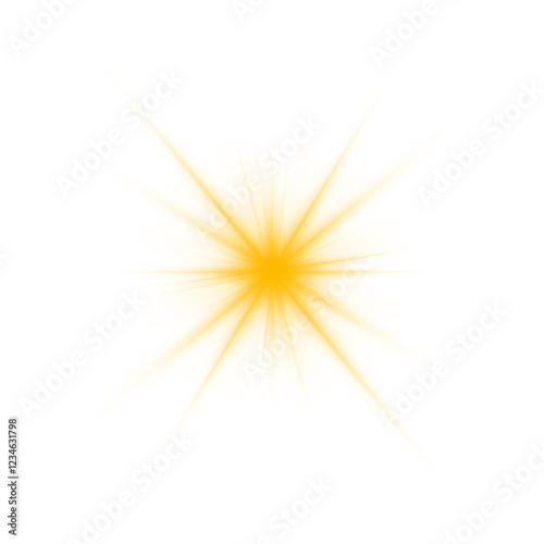 Sun flush with raos or gold spotlyght and boke. Gold lance flares network. Yellow glowing light burst and transparent back ground. Lights flare, star flash light, white sun rays, png. 