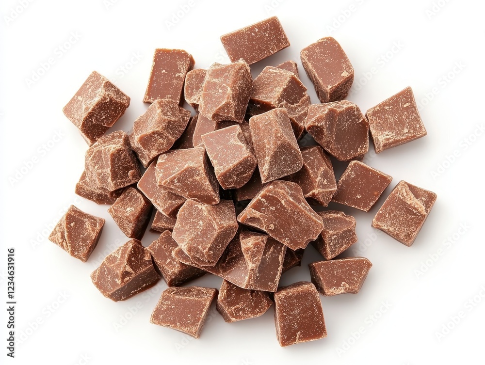 A pile of small, brown chocolate pieces with a slightly grainy texture sits on a white background. The pieces are irregularly shaped and scattered A pile of small, brown chocolate pieces with a slightly grainy texture sits on a white background. The pieces are irregularly shaped and scattered