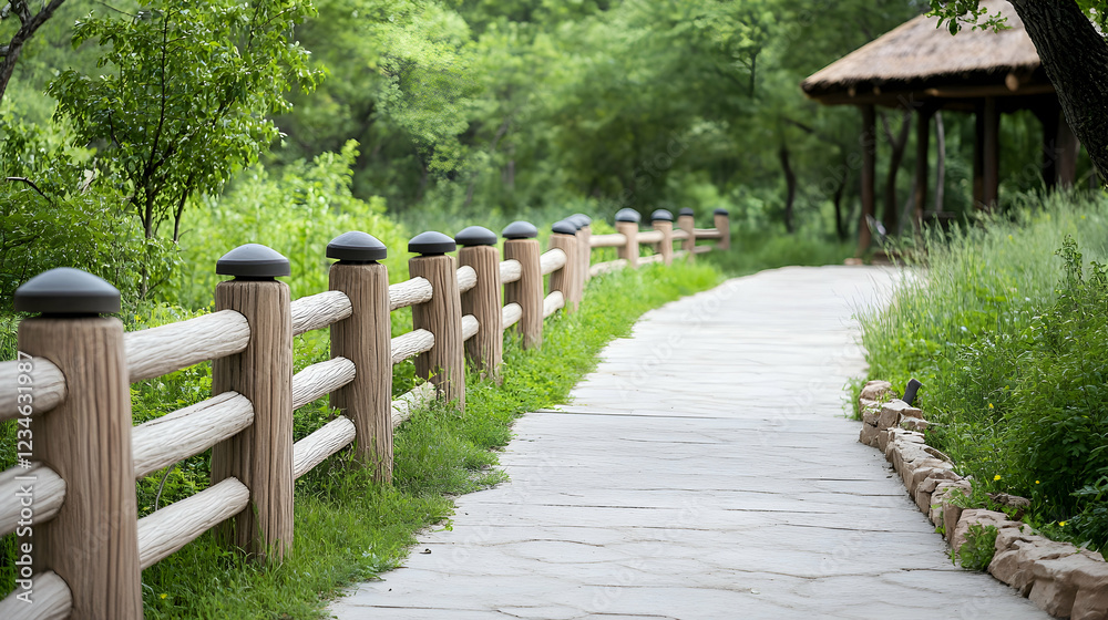 Serene park path, wooden fence, lush greenery, gazebo background; perfect for travel brochures Serene park path, wooden fence, lush greenery, gazebo background; perfect for travel brochures