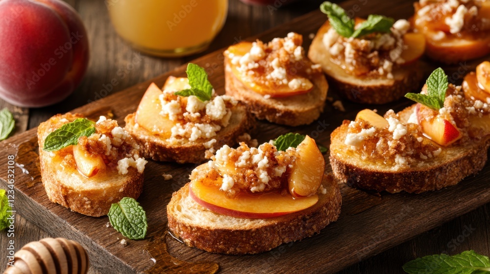Peach crostini topped with crumbled cheese, honey, and mint, served on a wooden tray with fresh peaches and juice bottle. Peach crostini topped with crumbled cheese, honey, and mint, served on a wooden tray with fresh peaches and juice bottle.