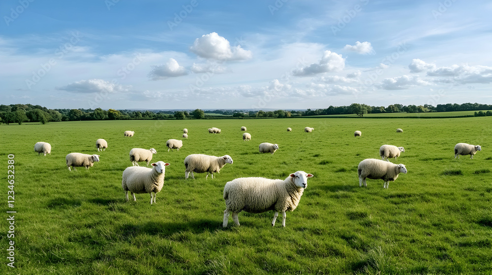 Sheep graze in a lush green pasture under a bright blue sky with fluffy white clouds; idyllic rural landscape, perfect for agricultural or nature publications Sheep graze in a lush green pasture under a bright blue sky with fluffy white clouds; idyllic rural landscape, perfect for agricultural or nature publications