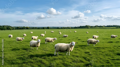 Sheep graze in a lush green pasture under a bright blue sky with fluffy white clouds; idyllic rural landscape, perfect for agricultural or nature publications