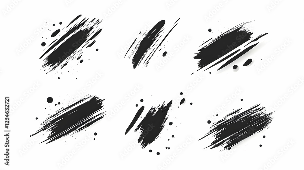 Six abstract black ink brush strokes on white background; design elements for graphic design projects Six abstract black ink brush strokes on white background; design elements for graphic design projects