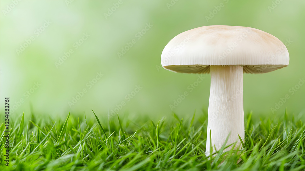 Single white mushroom in green grass, soft focus background, nature scene, ideal for food, health, or environmental themes Single white mushroom in green grass, soft focus background, nature scene, ideal for food, health, or environmental themes