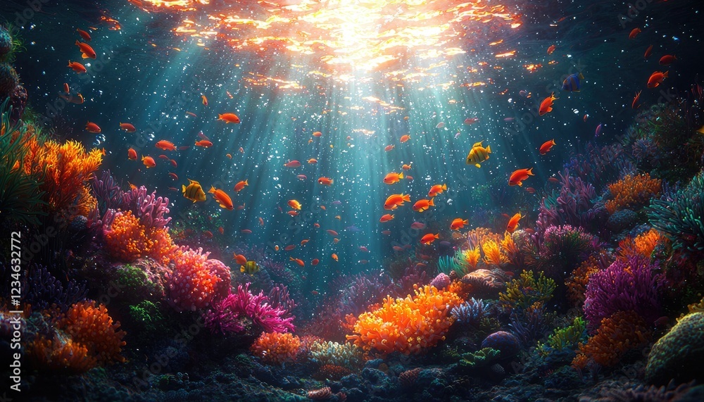 Fototapeta premium Vibrant Coral Reef Ecosystem With Colorful Fish Swimming