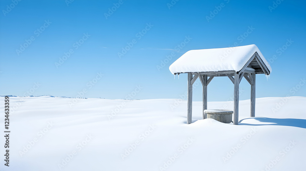 Snow-covered well in winter landscape, serene scene, perfect for winter themes or travel brochures Snow-covered well in winter landscape, serene scene, perfect for winter themes or travel brochures