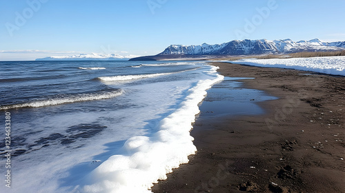 Wallpaper Mural Snowy beach, ocean waves, mountain backdrop, winter landscape, travel photography Torontodigital.ca