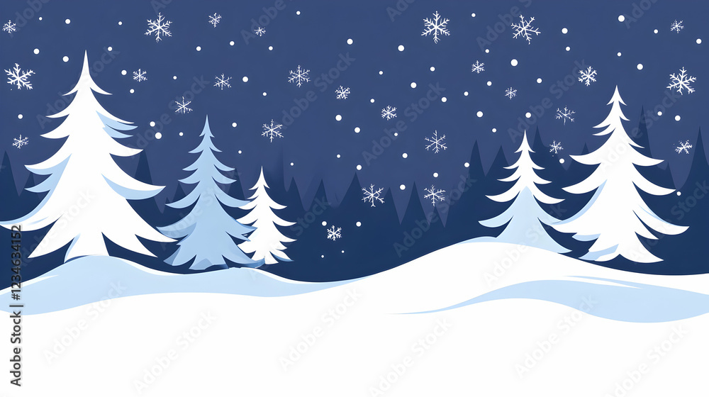 Snowy winter night forest landscape; falling snowflakes, trees; winter holiday background Snowy winter night forest landscape; falling snowflakes, trees; winter holiday background