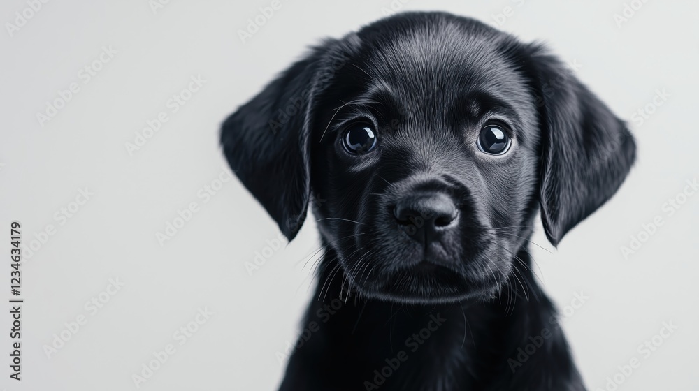 A single black puppy sits against a crisp white background, its soft fur and bright eyes capturing the irresistible charm and beauty of this adorable companion. A single black puppy sits against a crisp white background, its soft fur and bright eyes capturing the irresistible charm and beauty of this adorable companion.