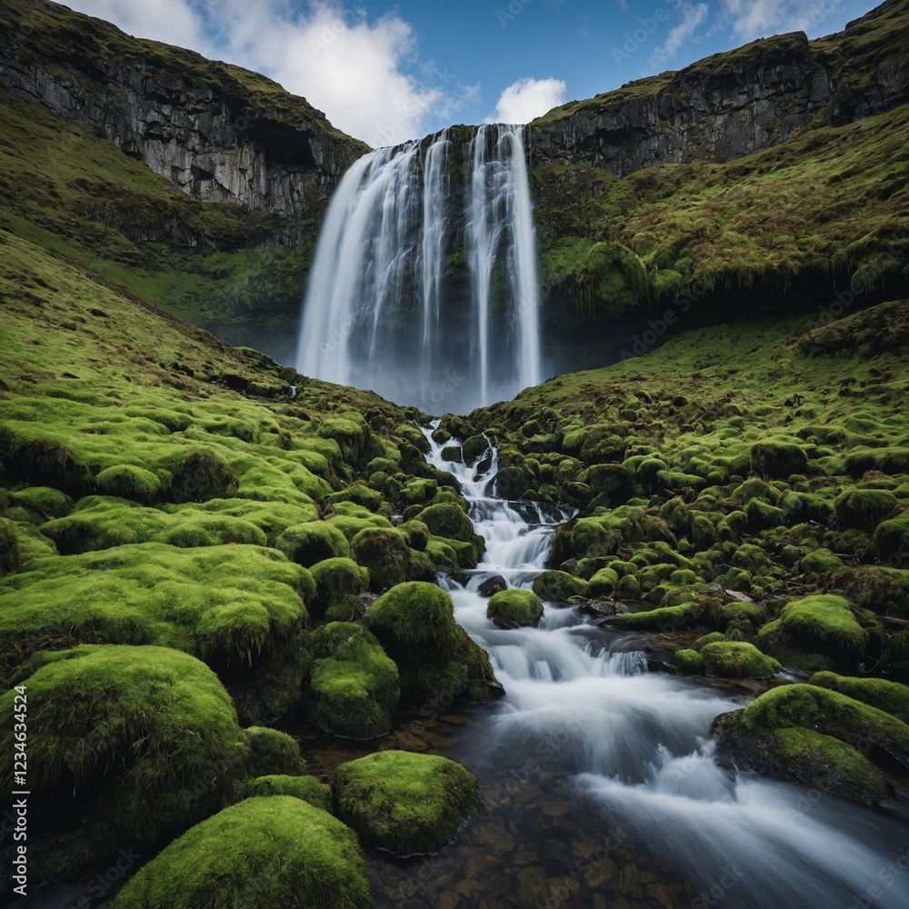 Fototapeta premium A stunning waterfall cascading down moss-covered cliffs, with a clear sky behind.