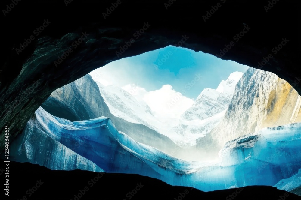 Obraz premium Deep blue ice cave with smooth walls illuminated by soft light