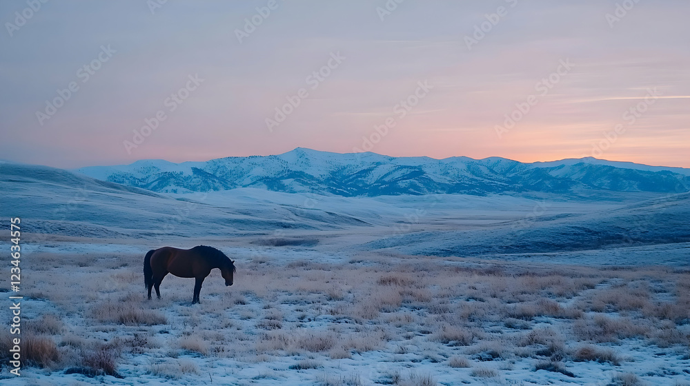 Solitary horse grazing in snowy plains at sunrise, majestic mountains backdrop; ideal for travel brochures Solitary horse grazing in snowy plains at sunrise, majestic mountains backdrop; ideal for travel brochures