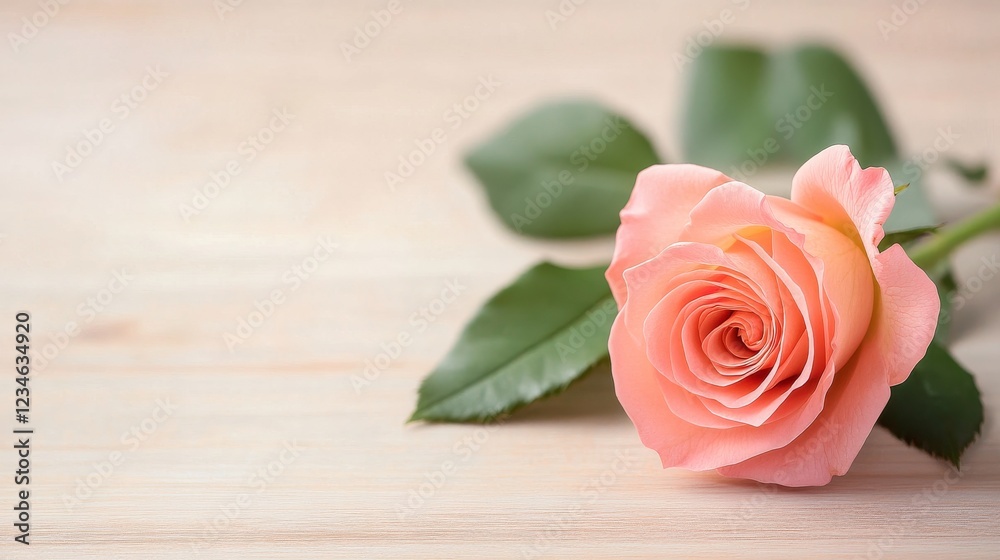 Peach Rose on Wood: A single, delicate peach-colored rose rests gracefully on a light wood surface, its soft petals unfurling in a gentle display of natural beauty. Peach Rose on Wood: A single, delicate peach-colored rose rests gracefully on a light wood surface, its soft petals unfurling in a gentle display of natural beauty.
