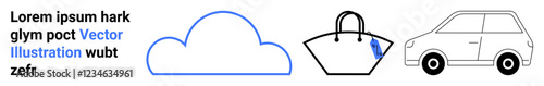 Minimalist cloud, handbag with tag, compact car outline suggest connectivity, travel, lifestyle, eco-ideas. Ideal for e-commerce, logistics, storage lifestyle travel retail eco-promotion flat