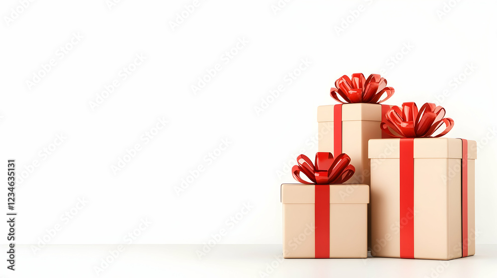 Obraz premium Stacked gifts with red bows on white background; ideal for holiday promotions