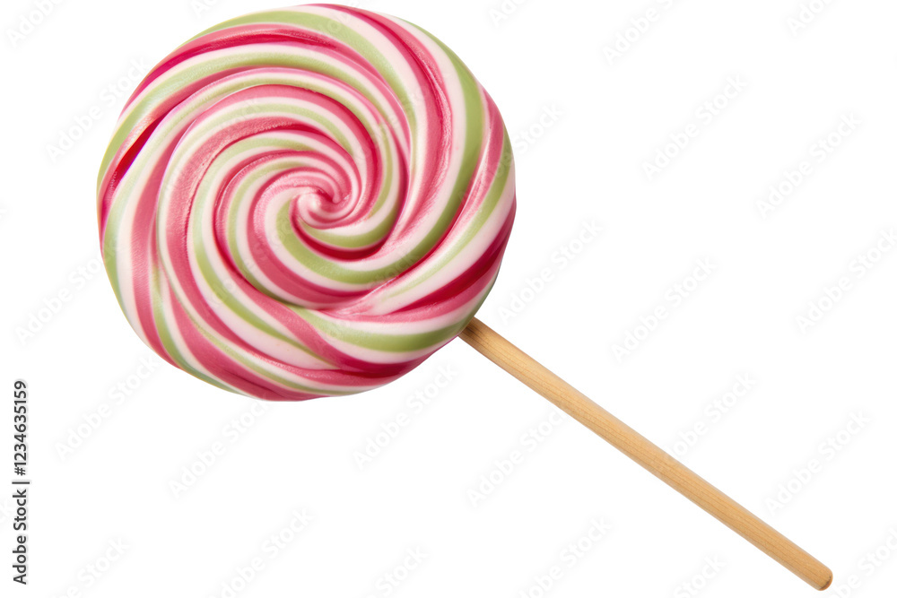 A close-up view of a single large lollipop with a classic swirl pattern, combining rich colors of pink, green, and white. The candy is resting on a wooden stick, emphasizing its shiny texture
