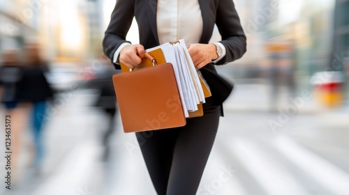 Businesswoman on the Go: A determined businesswoman strides confidently through a bustling city street, carrying a portfolio and files, showcasing her ambition and dedication.  