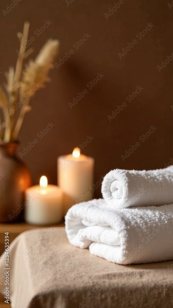 stacked white spa towels on a soft beige surface with glowing candles and a rustic vase with dried pampas grass in a warm and serene ambiance, concept of relaxation, wellness, luxury spa stacked white spa towels on a soft beige surface with glowing candles and a rustic vase with dried pampas grass in a warm and serene ambiance, concept of relaxation, wellness, luxury spa