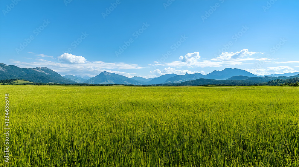 Obraz premium Summer mountain valley, green field, clear sky, idyllic landscape, travel postcard