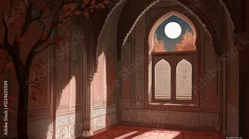 moonlit night in intricate mughal palace room with ornate jali window and carved stone walls showcasing detailed digital painting of serene autumnal scene in persian architectural style photo